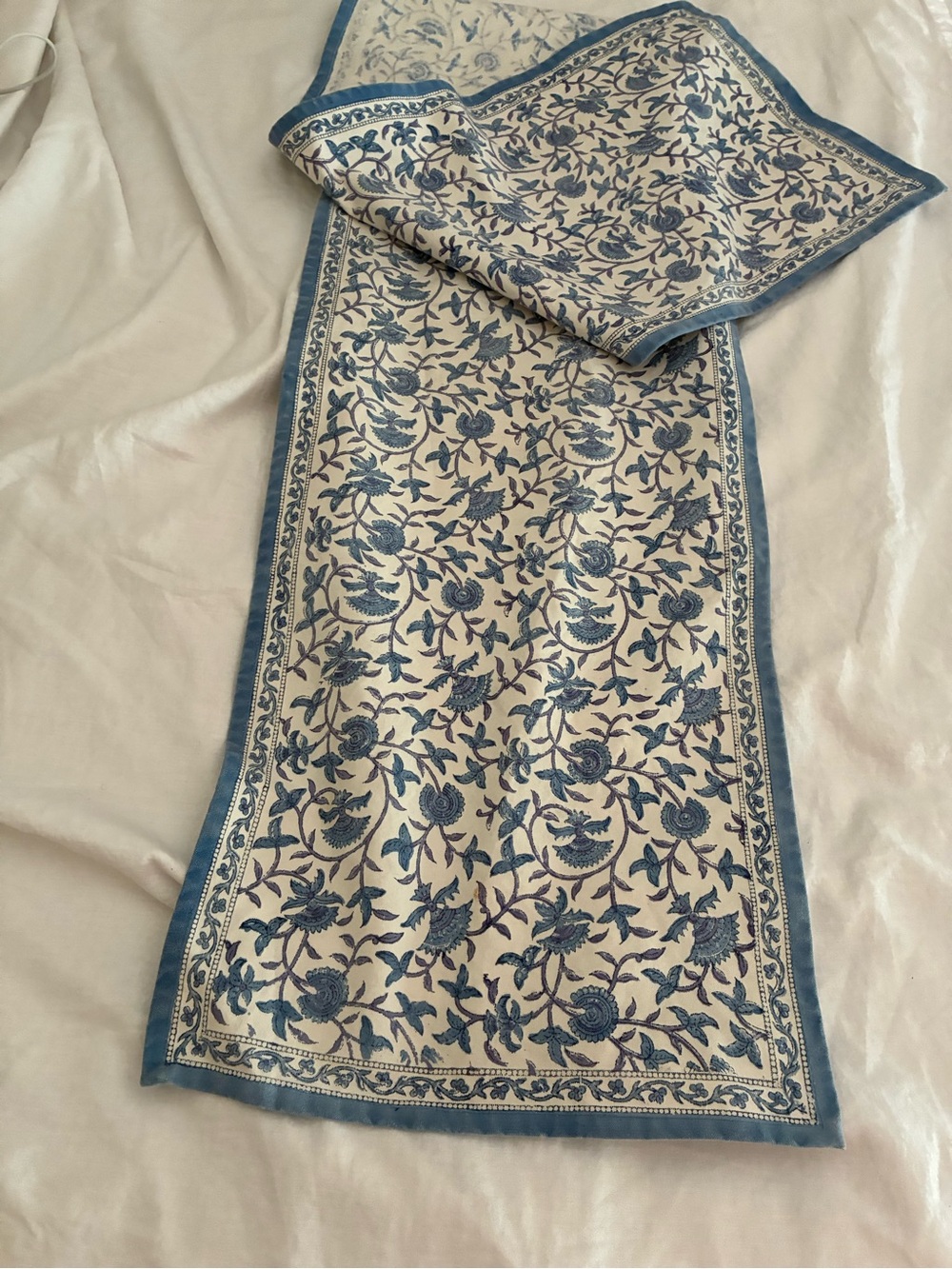 Cotton Canvas Floral Blue & Cream Table Runner